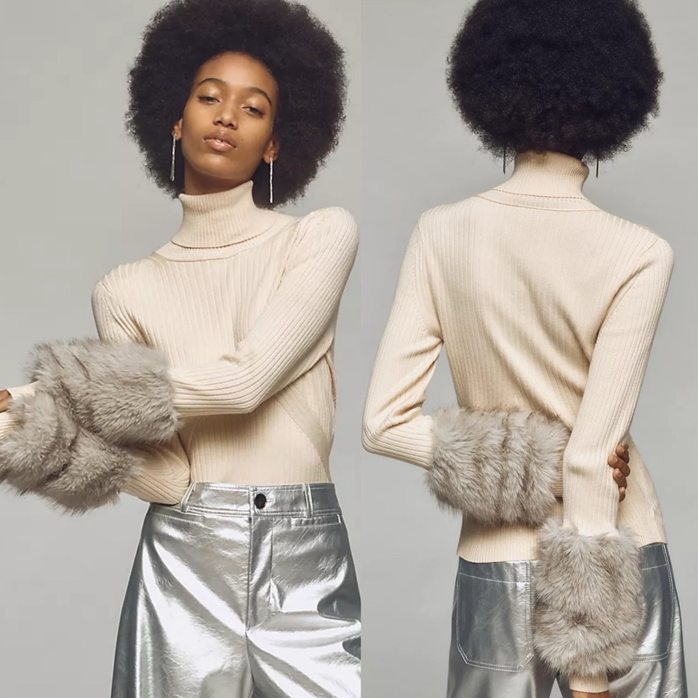 Anthropologie Maeve Faux Fur Cuff Ribbed Turtleneck Sweater